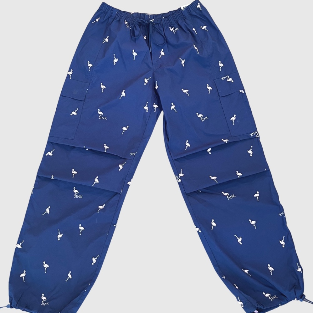 NWT Victoria's Secret Low Rise Cargo Parachute Pants Navy with PINK Flamingos